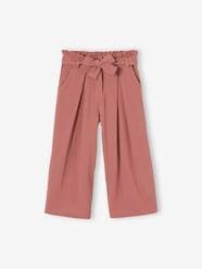 Girls-Cropped, Wide Leg Paperbag Trousers in Cotton Gauze for Girls