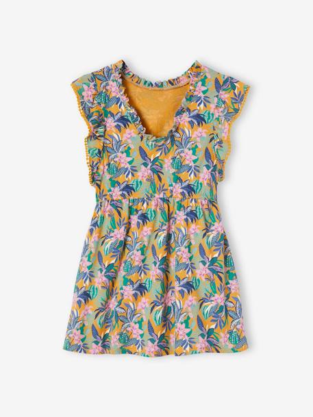 Frilly Dress with Exotic Motifs for Girls mustard 