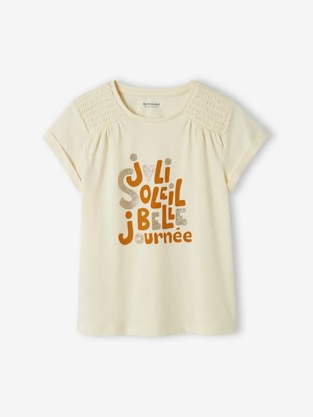 T-Shirt with Iridescent Message & Smocks on the Shoulders, for Girls ecru 