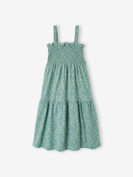 Smocked Strappy Dress, for Girls apricot+emerald green+printed white 