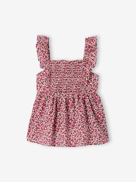 Smocked Blouse with Ruffles on the Straps, for Girls coral+green+peony pink 