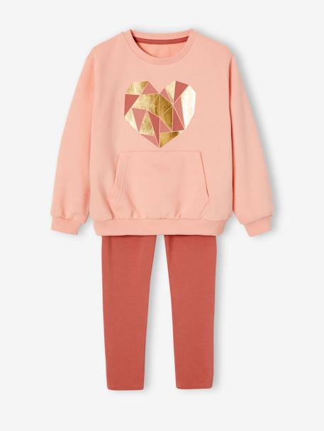 Sports Combo: Heart Sweatshirt & Techno Fabric Leggings for Girls ecru+peach 