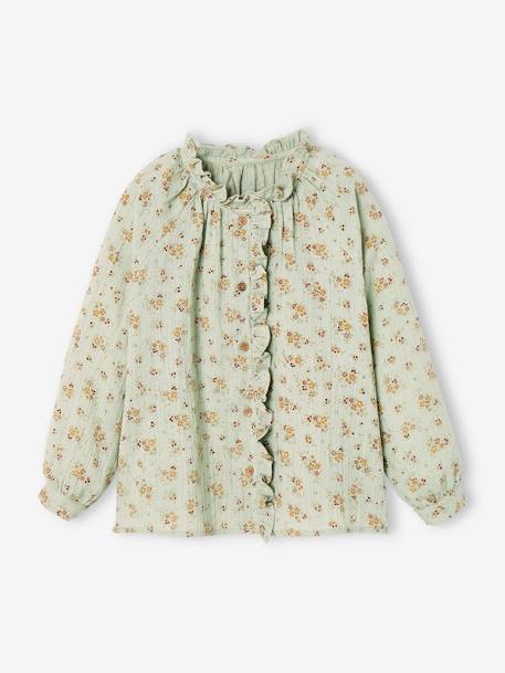 Blouse in Cotton Gauze with Ruffles & Floral Print, for Girls aqua green+ecru+pale pink+tomato red 