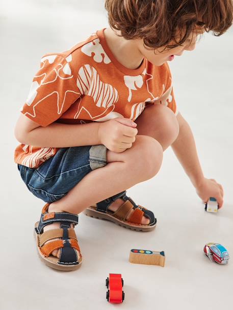 Hook-and-Loop Leather Sandals for Children, Designed for Autonomy beige+navy blue+set blue 