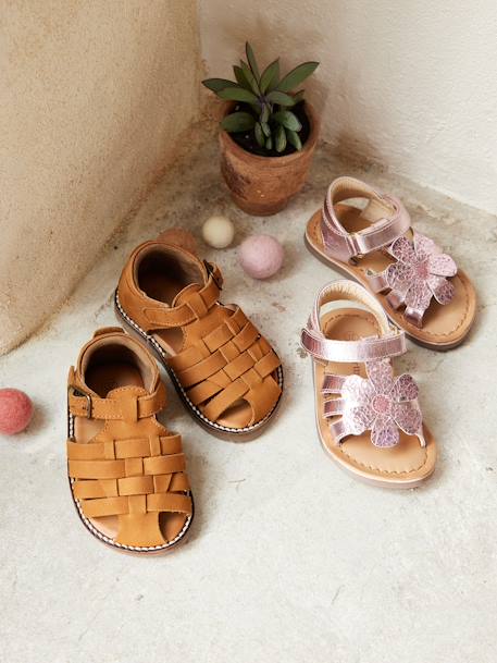 Closed-Toe Leather Sandals for Babies BEIGE DARK SOLID+BLUE DARK SOLID 