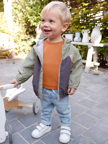 Windcheater Jacket for Baby Boys, by CYRILLUS aqua green+camel 