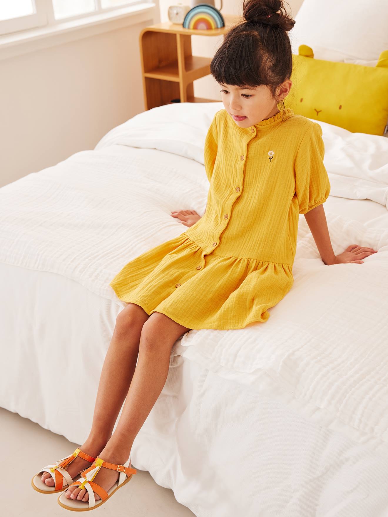 Cotton Gauze Dress with Buttons 3 4 Sleeves for Girls mustard