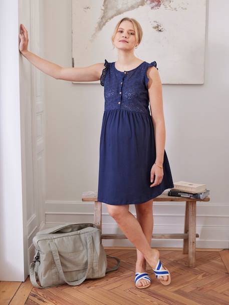 Short Dress in Jersey Knit & Broderie Anglaise, Maternity & Nursing Special navy blue+pearly grey 