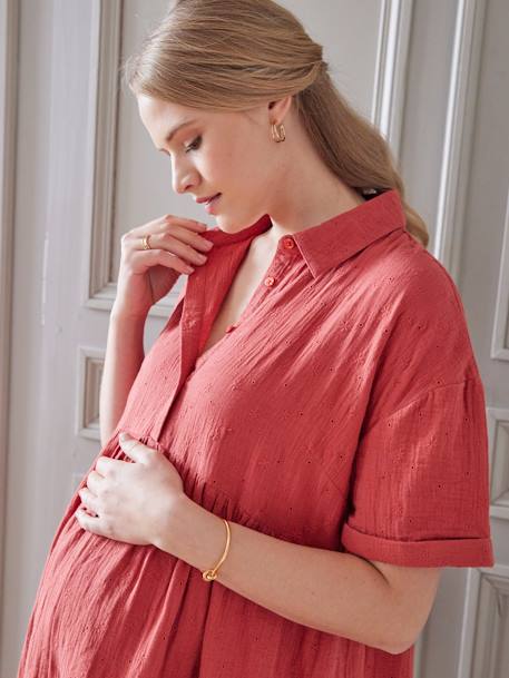 Embroidered Cotton Gauze Shirt Dress, Maternity & Nursing Special tomato red 