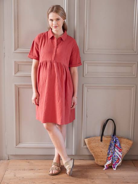 Embroidered Cotton Gauze Shirt Dress, Maternity & Nursing Special tomato red 