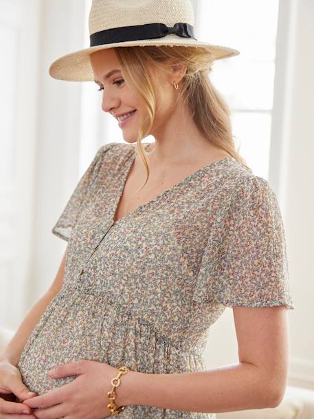 Long Frilly Dress in Printed Crêpe, Maternity & Nursing Special sandy beige 