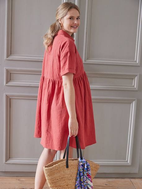 Embroidered Cotton Gauze Shirt Dress, Maternity & Nursing Special tomato red 