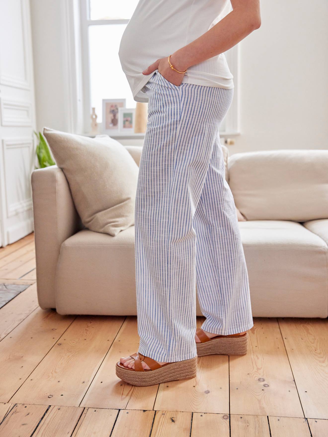 Wide leg blue and white store striped pants