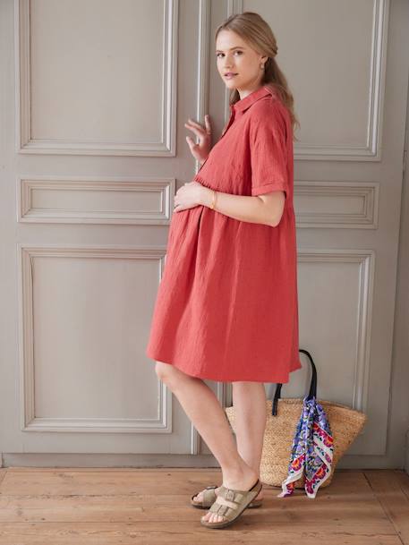 Embroidered Cotton Gauze Shirt Dress, Maternity & Nursing Special tomato red 