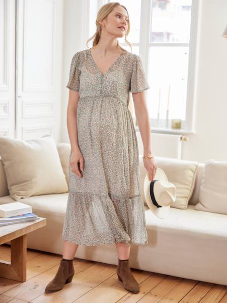 Long Frilly Dress in Printed Crêpe, Maternity & Nursing Special sandy beige 