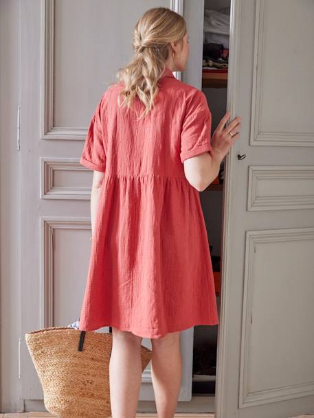 Embroidered Cotton Gauze Shirt Dress, Maternity & Nursing Special tomato red 