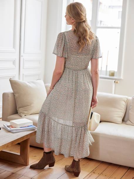 Long Frilly Dress in Printed Crêpe, Maternity & Nursing Special sandy beige 