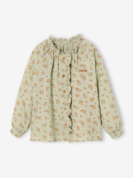 Blouse in Cotton Gauze with Ruffles & Floral Print, for Girls aqua green+ecru+pale pink+tomato red 