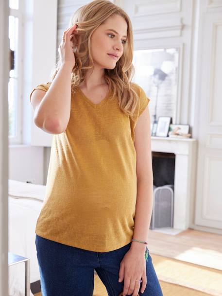 V-Neckline Top in Cotton & Linen, Maternity saffron 