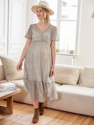 Maternity-Nursing Clothes-Long Frilly Dress in Printed Crêpe, Maternity & Nursing Special