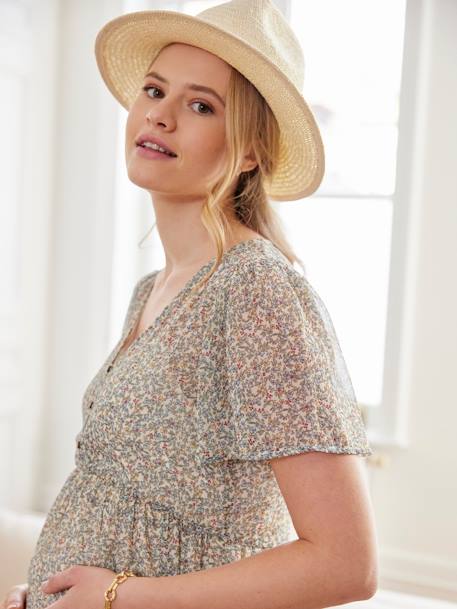 Long Frilly Dress in Printed Crêpe, Maternity & Nursing Special sandy beige 