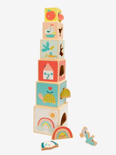 Cube Tower with Shape Sorter in FSC® Wood BEIGE MEDIUM SOLID WITH DECOR+Forest Friends+Forest Friends 