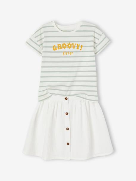 T-Shirt & Skirt Combo in Cotton Gauze, for Girls ecru 