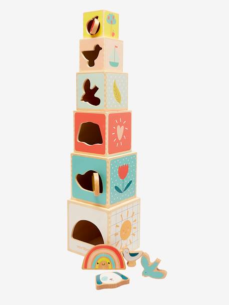 Cube Tower with Shape Sorter in FSC® Wood BEIGE MEDIUM SOLID WITH DECOR+Forest Friends+Forest Friends 