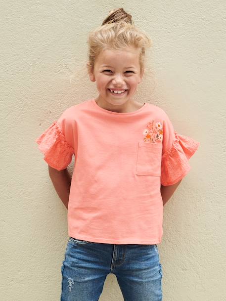 T-Shirt with Ruffled Sleeves in Broderie Anglaise for Girls ecru+peach 