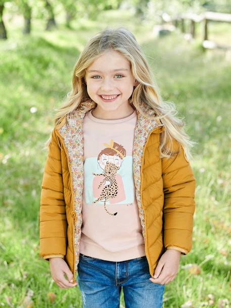 Reversible Lightweight Padded Jacket with Padding in Recycled Polyester, for Girls 6306+GREY DARK ALL OVER PRINTED+night blue+PINK BRIGHT ALL OVER PRINTED 