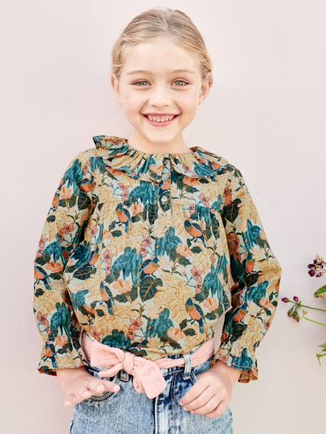 Blouse with Floral Print, for Girls aqua green+ecru+fir green+rose 