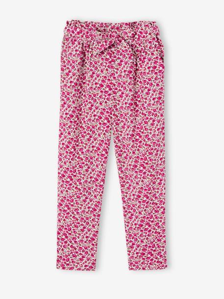 Fluid Cropped Trousers with Floral Print, for Girls ecru+green+rose 