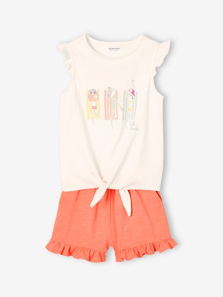 Frilly Combo, Knot Effect T-Shirt & Shorts aqua green+coral+YELLOW MEDIUM SOLID WTH DESIGN 