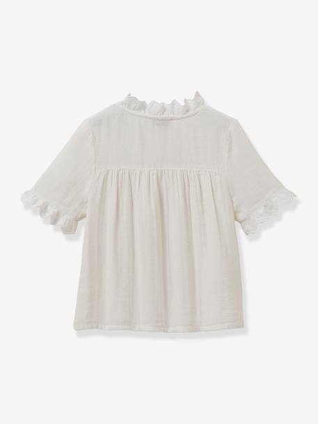 Shirt with Broderie Anglaise for Girls, by CYRILLUS ecru+rose 