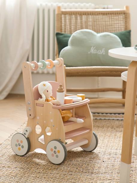 Walker with Seat for Doll, in FSC® Wood green+pink 