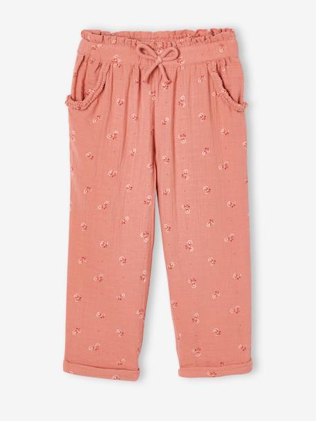 Cropped Cotton Gauze Trousers with Floral Print, for Girls BLUE MEDIUM ALL OVER PRINTED+blush+printed white 