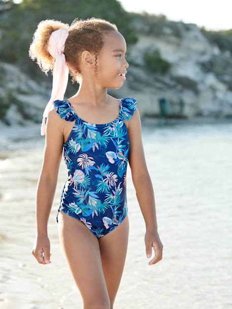 Swimsuit with Tropical Print, for Girls navy blue 