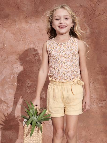 Paperbag Shorts in Cotton Gauze for Girls - pale yellow, Girls