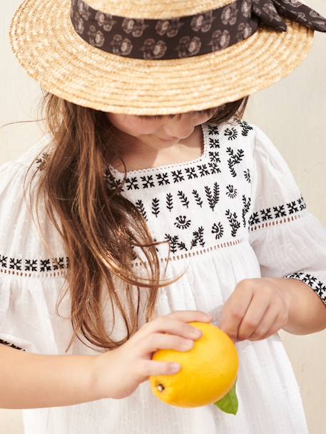 Straw-Like Hat with Printed Ribbon for Girls sandy beige 