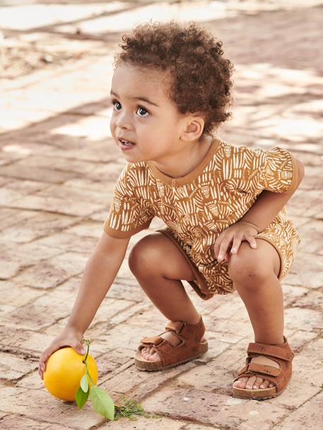 Leather Sandals with Touch-Fasteners, for Baby Boys BROWN MEDIUM ALL OVER PRINTED+printed beige+red 