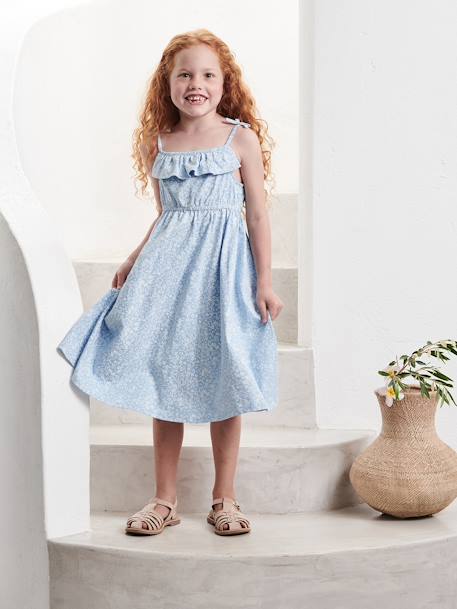 Strappy Midi-Length Dress for Girls blue+ecru+multicoloured+printed white+sky blue 