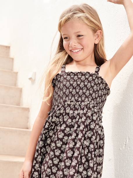 Long Dress with Fine Straps & Smocking for Girls anthracite 