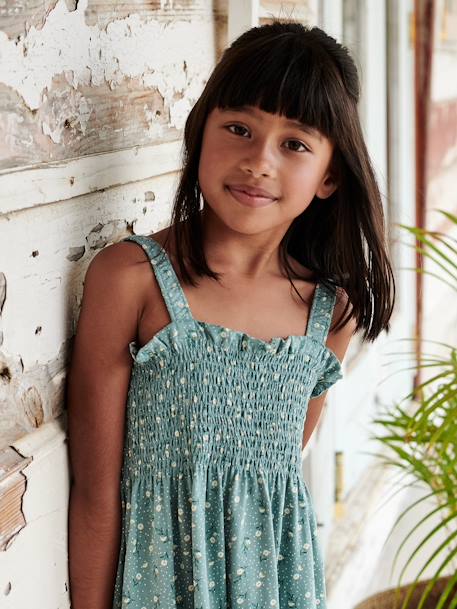 Smocked Strappy Dress, for Girls apricot+emerald green+printed white 