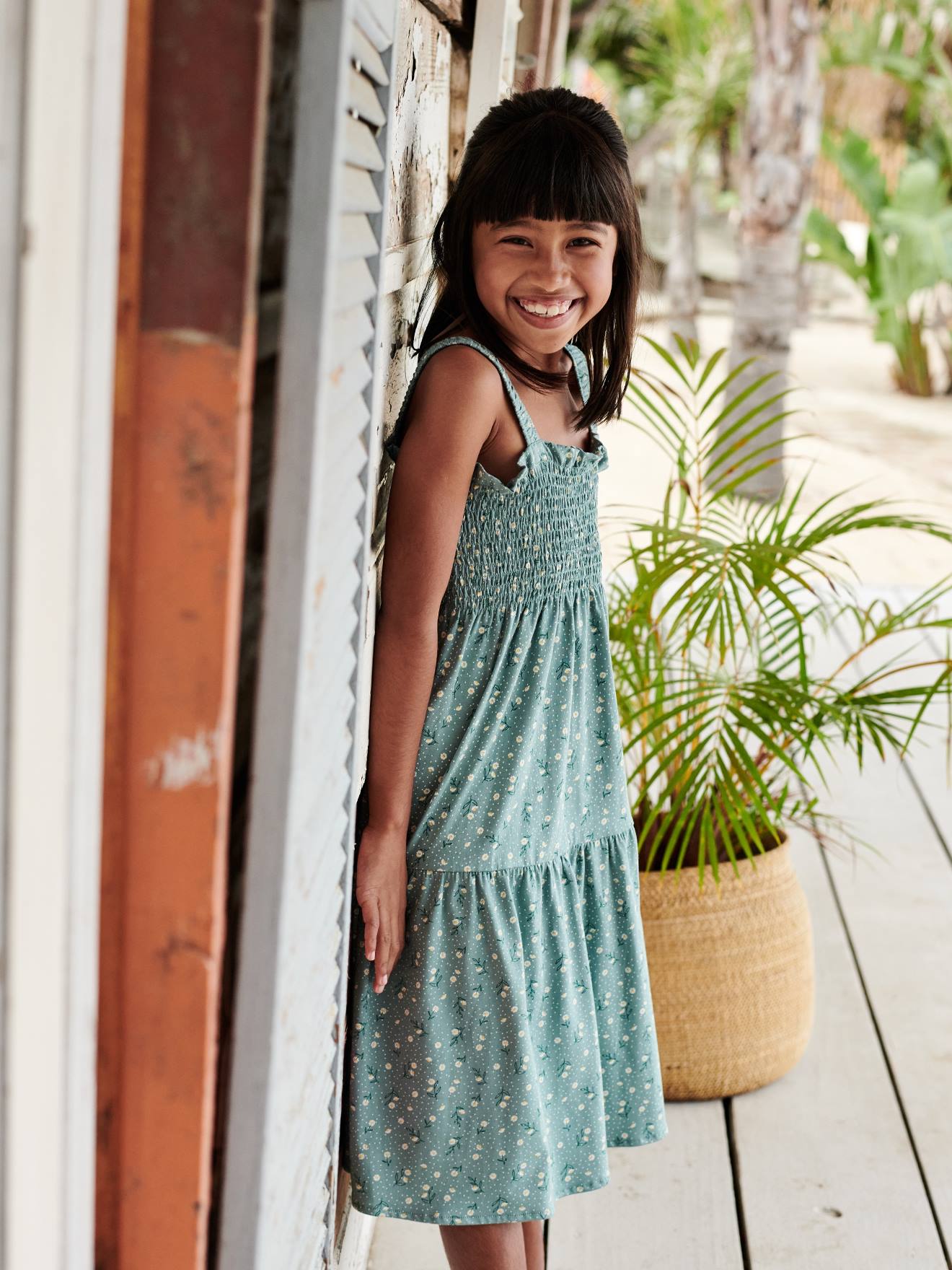 Smocked Strappy Dress, for Girls - emerald green, Girls | Vertbaudet