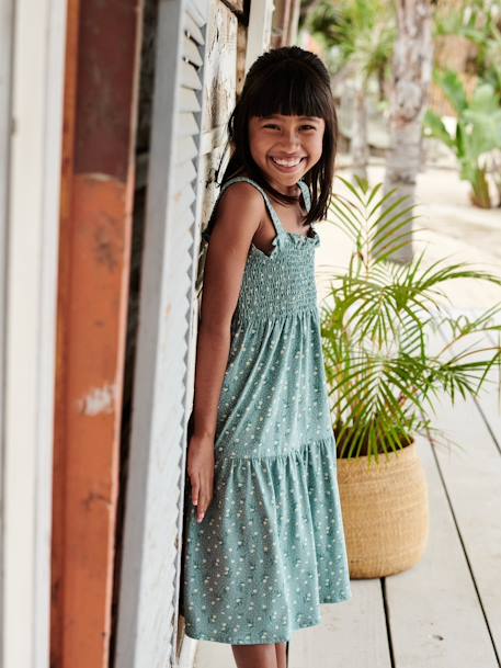 Smocked Strappy Dress, for Girls apricot+emerald green+printed white 