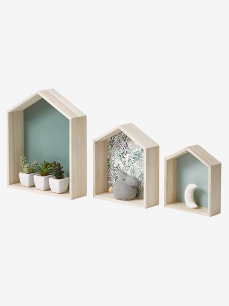 Set of 3 House-Shaped Shelves aqua green+Blue+Light Blue+Pink 