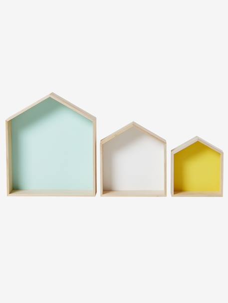 Set of 3 House-Shaped Shelves aqua green+Blue+Light Blue+Pink 