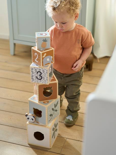 Cube Tower with Shape Sorter in FSC® Wood BEIGE MEDIUM SOLID WITH DECOR+Forest Friends+Forest Friends 