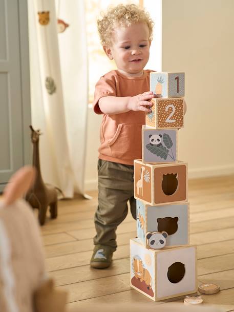 Cube Tower with Shape Sorter in FSC® Wood BEIGE MEDIUM SOLID WITH DECOR+Forest Friends+Forest Friends 