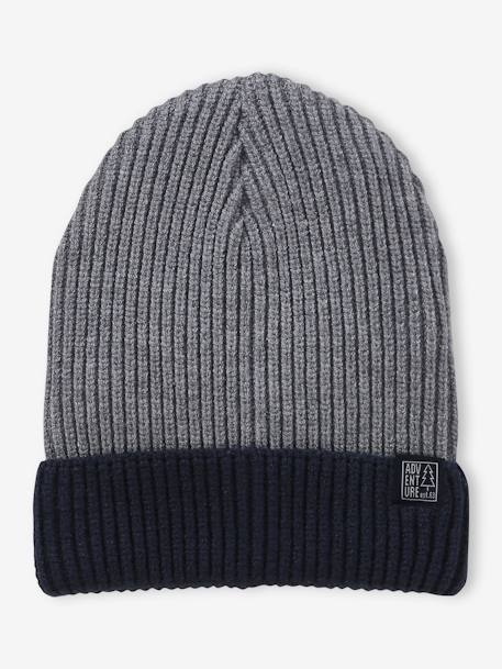 Two-Tone Beanie in Rib Knit for Boys, Basics marl grey+night blue 